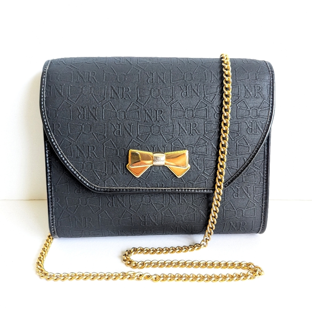 Nina Ricci Front Flap 90's Vintage Chain Shoulder Bag Embossed NR Leather Trim